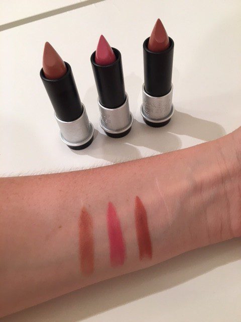 Swatches from left is C107 - mocha beige cream, middle is M200-powder Pink matte, and left is M100 a cream-color beige matte