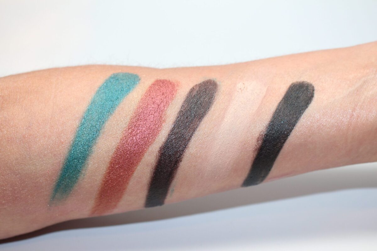 Swatches from left to right- Expensive, Confession. Vanity, China White, and Black Rainblow