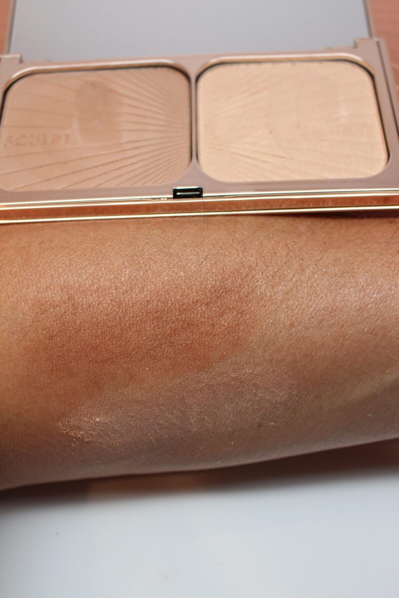 color on left and top swatch is the bronzer color on right of palette and bottom swatch is highlighter
