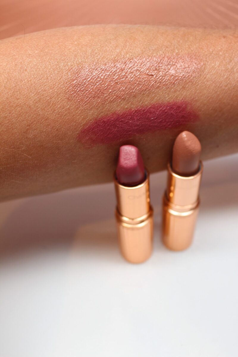 swatches top Penelope Pink, bottom Stone Rose bullets left is Stone Rose, Right is Penelope Pink