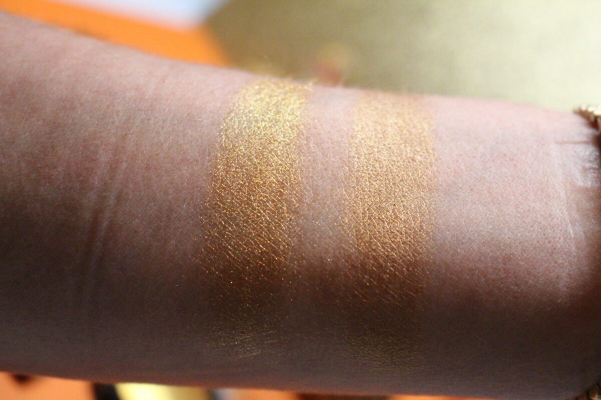 Swatch of 001 Gold Pigment on left and 005 Gold Cream on right