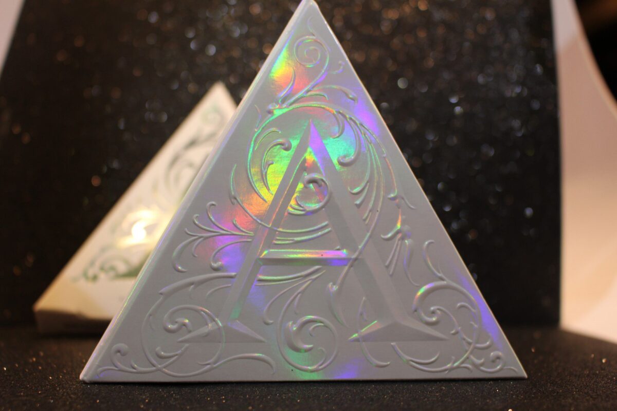 The compact is a triangle shape, with an embossed image of the A Kat drew, and hologram prismatic shades that change depending on where you are standing.