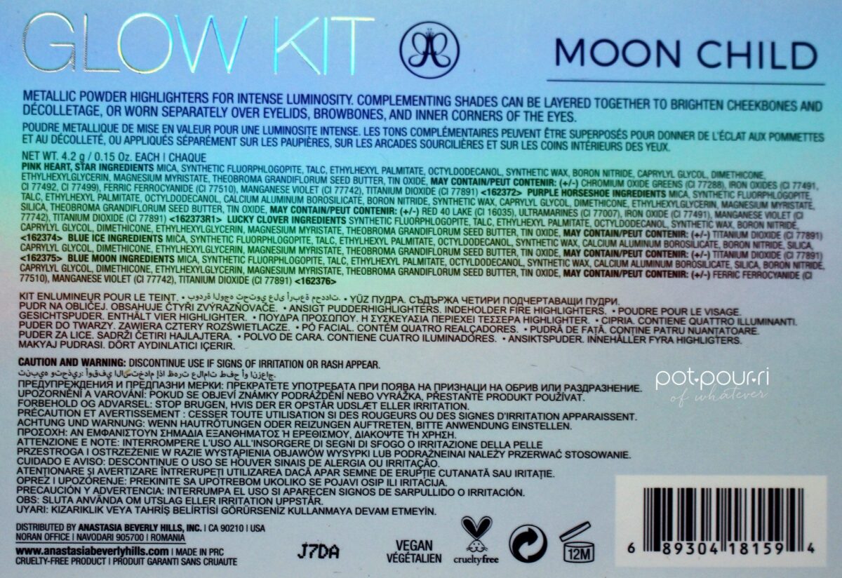 ingredients of MoonChild highlight powder shades