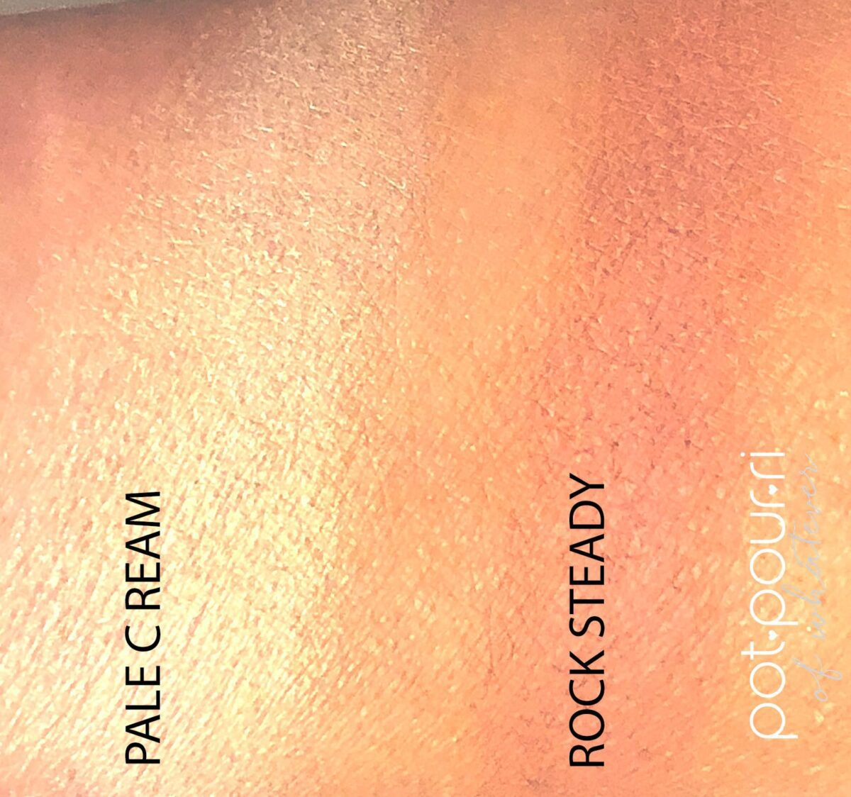 SWATCHES OF PALE CREAM, A BASE SHADE, AND ROCK STEADY, A CREASE TRANSITION SHADE