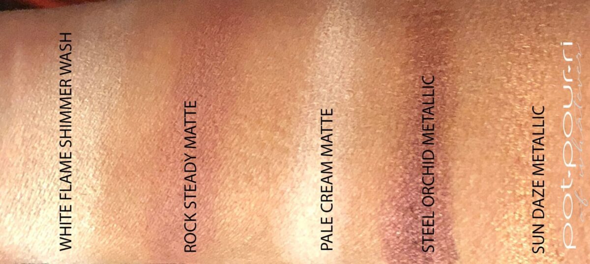 SWATCHES OF THE MATTE SHADES, THE SHIMMER WASH SHADE, AND THE METALLIC SHADES