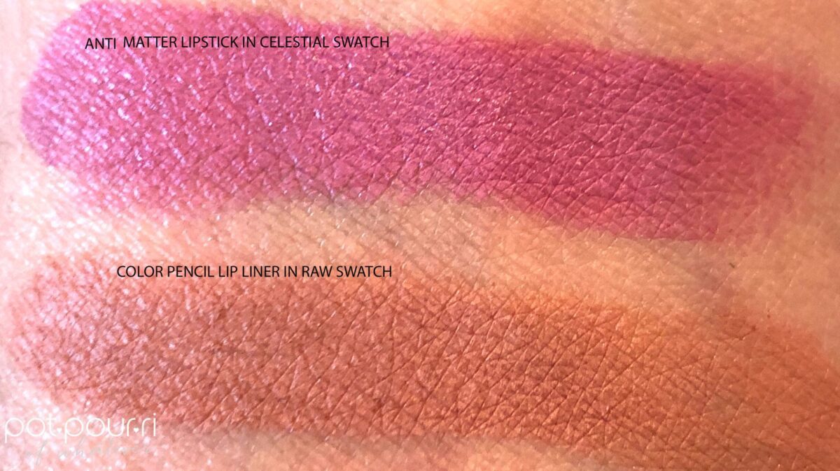 SWATCHES OF ANTIMATTER LIPSTICK IN CELESTIAL AND RAW COLOR LIP LINER