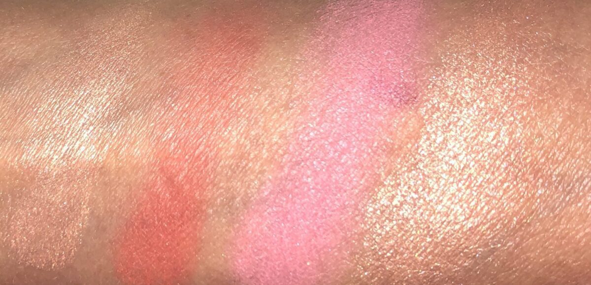 SWATCHES LEFT TO RIGHT: THE CORAL MANTA RAY PALETTE HIGHLIGHTER AND CORAL BLUSH, AND THE ROSE WHALE SHARK PINK BLUSH AND HIGHLIGHTER