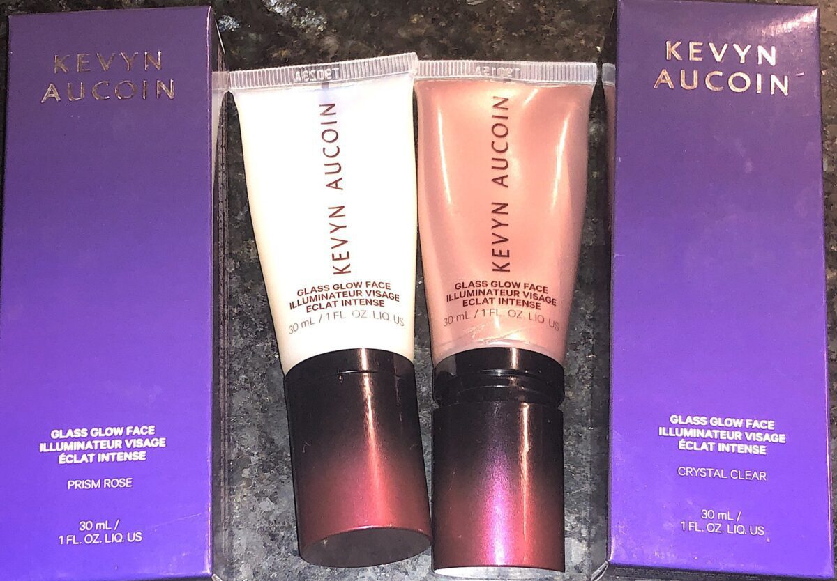 KEVYN AUCOIN GLASS GLOW FACE OUTER PACKAGING, LIQUID HIGHLIGHTER TUBES WITH LIDS