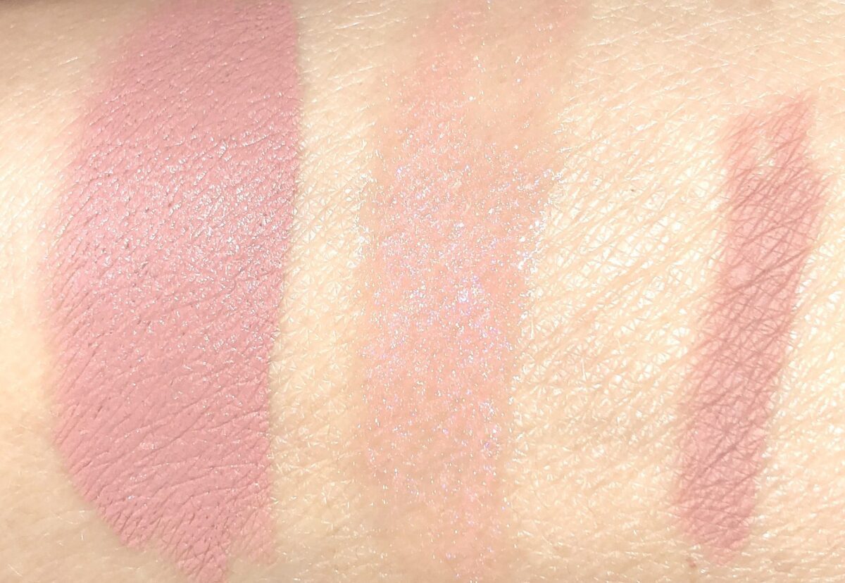 DIVINE ROSE LIP TRIO SWATCHES: L TO R: CHRISTY LIPSTICK, PEACH PERVERSION LIP GLOSS, AND BUFF LIP LINER