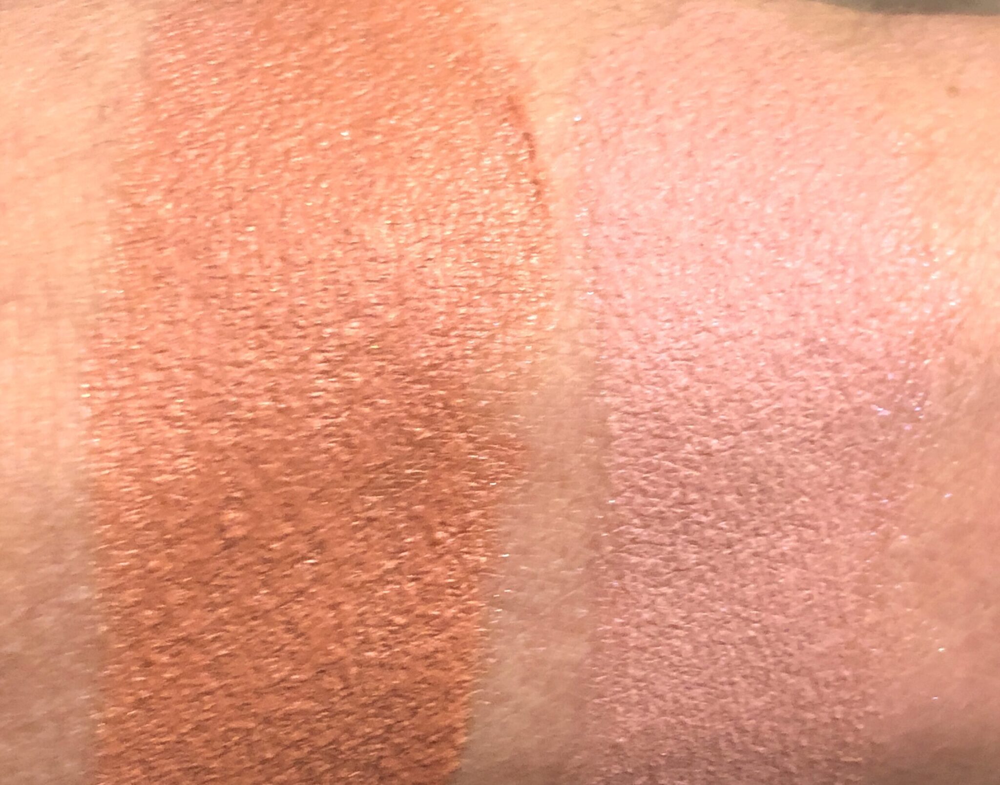 DAYCATION WHIPPED BLUSH SWATCHES, ON THE LEFT IS MELON MOJITO,ON THE RIGHT IS WATERMELON MARG