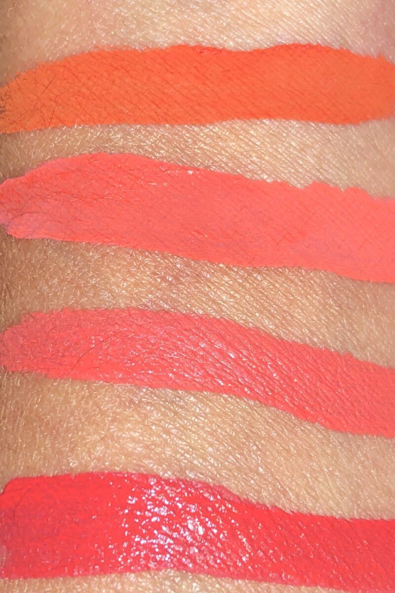 SWATCHES TOP TO BOTTOM, SPICY, NEON CORAL, PASTEL CORAL, CORAL RED