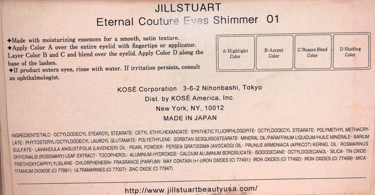 INGREDIENTS IN THE JILL STUART ETERNAL COUTURE EYES SHIMMER PALETTE O1
