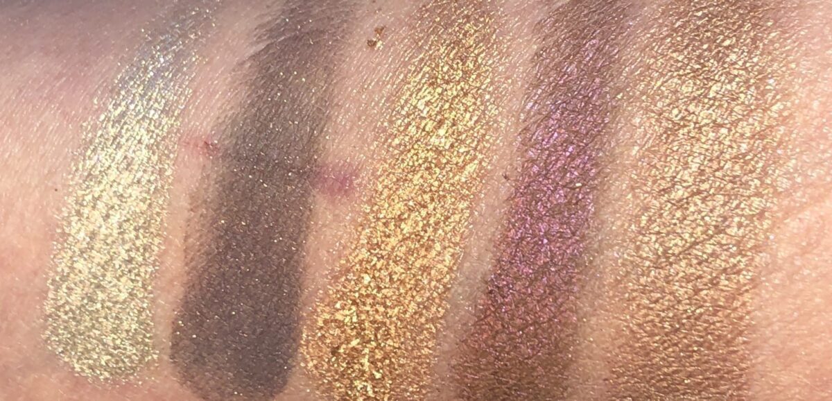 FROM LEFT TO RIGHT SWATCHES ARE SINFUL, ILLICIT, GOLD NECTAR, CORRUPTION, AND SEXTROVERT SWATCHES