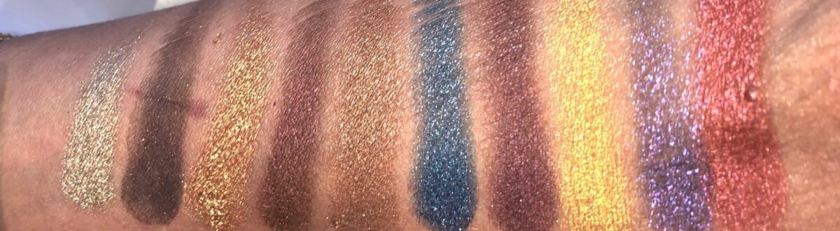 SWATCHES LEFT TO RIGHT, SUBLIME PALETTE SINFUL, ILLICIT, GOLD NECTAR, CORRUPTION AND SEXTROVERT, SUBVERSIVE - LAPIS LUXURY, BLUE BLOOD , GOLD STANDARD, SYNTHETICA AND CRIMSON FIRE