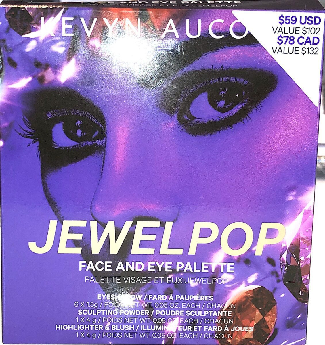 THE OUTER PACKAGING FOR THE KEVYN AUCOIN JEWEL POP PALETTE FOR FACE AND EYES