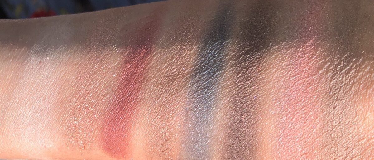 SWATCHES OF THE KEVYN AUCOIN JEWEL POP PALETTE LEFT TO RIGHT:MOONSTONE, CITRINE, RUBY, TOPAZ, EMERALD, MAHOGANY AND BLUS /HIGHLIGHTER IN ROSE QUARTZ, AND MEDIUM CONTOUR SHADE