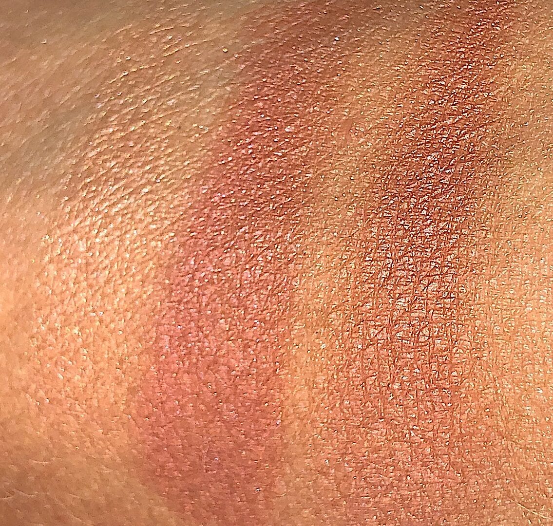 swatches Cheek to Chic Walk Of No Shame left champagne glow, middle berry rose, right combination of two shades