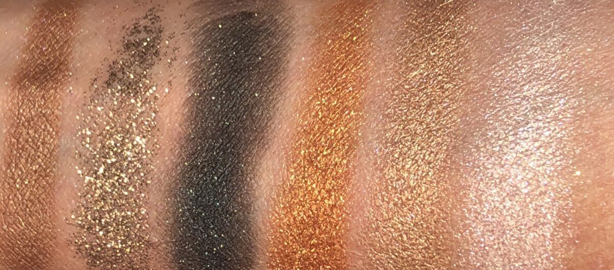 THE LORAC X RACHEL ZOE GOLDEN EYES EYESHADOWS SWATCHED: APPLIQUIE, GILDED, EMERALD, FILAGREE, GOLD LEAF. AND PEARL