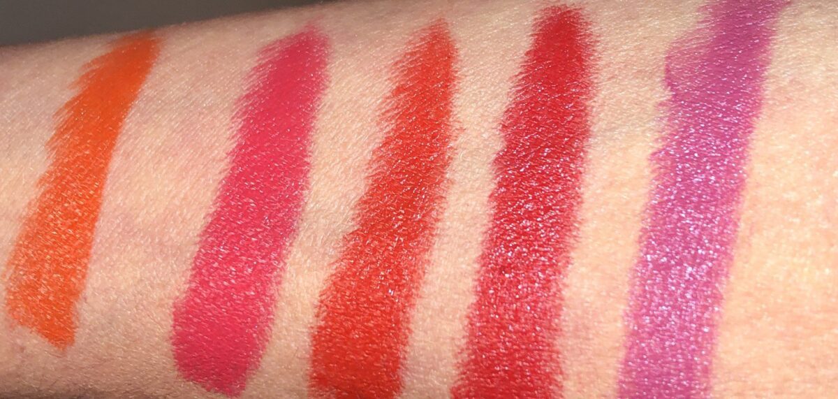 SWATCHES LEFT TO RIGHT: AGATHA ORANGE, THREE WISE GIRLS, ODALIE RED, TERESINA RUBY, AND THE FALLEN SPARROW