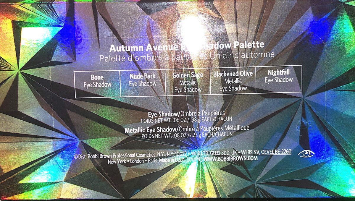 THE BACK OF THE BOBBI BROWN AUTUMN AVENUE EYESHADOW PALETTE HAS THE SHADES AND WHERE THEY ARE IN THE PALETTE