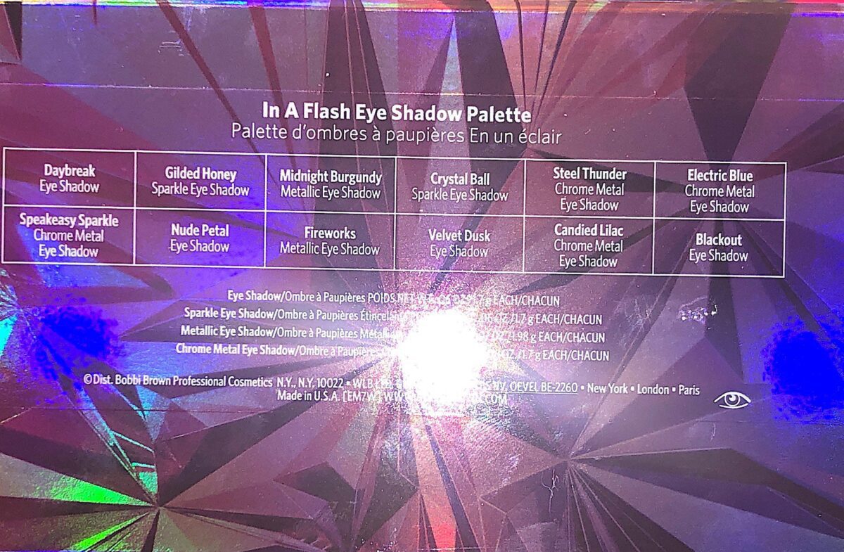 THE BACK OF THE BOBBI BROWN EYESHADOW PALETTE "IN THE FLESH"HAS THE SHADE NAMES