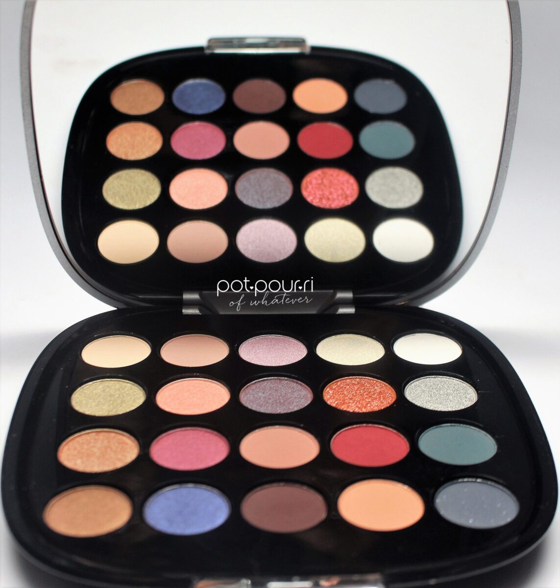 a large mirror and 20 beautiful eyeshadow colors are inside the palette
