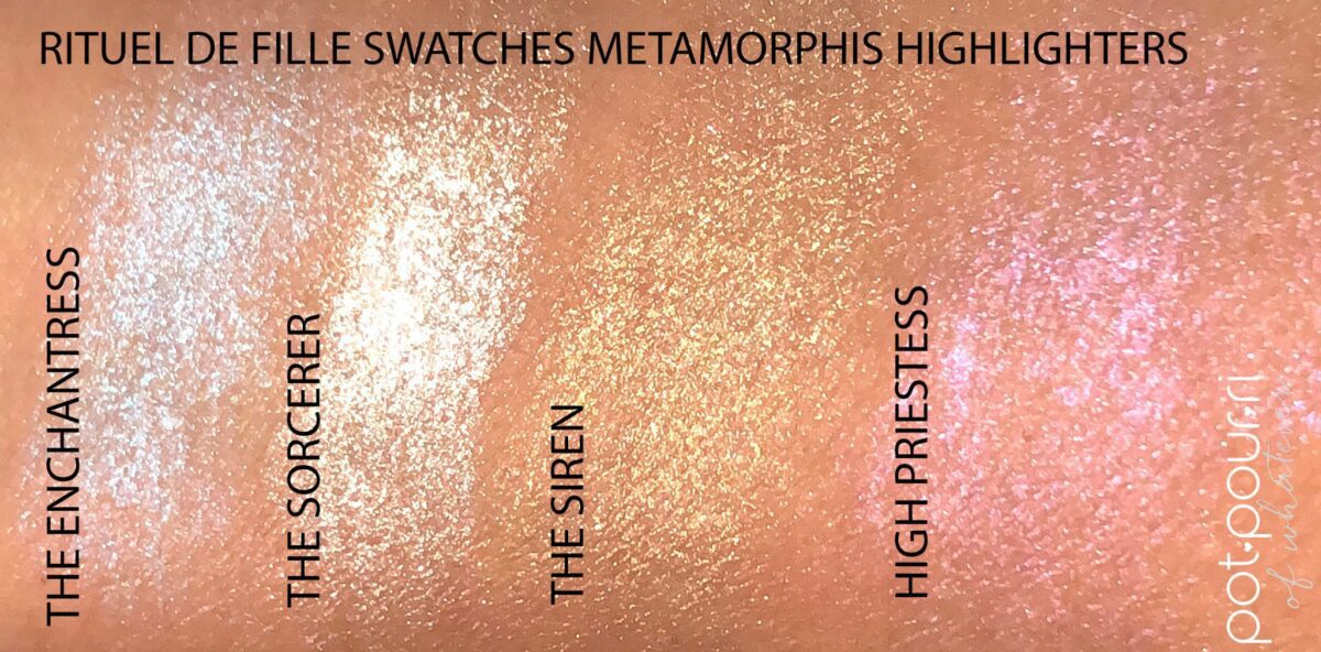 SWATCHES OF RITUEL DE FILLE METAMORPHIC HIGHLIGHTERS ON LIGHT SKIN