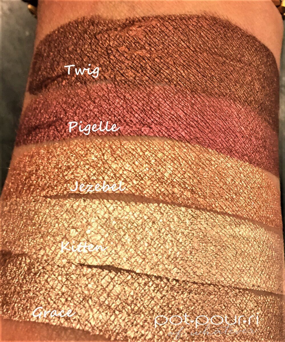 Swatches of Twig, Pigelle, Jezebel, Kitten and Grace Stila Shimmer and Glow Liquid Eyeshadows
