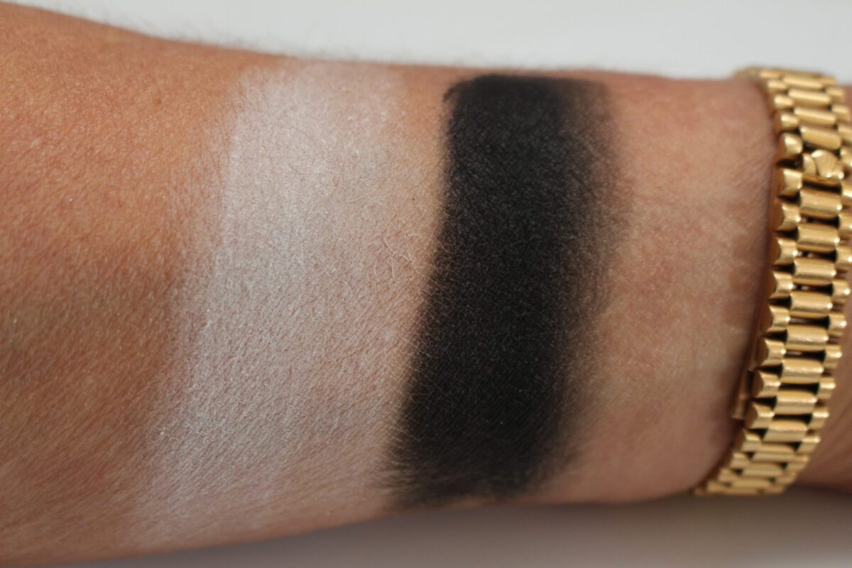 Two face brightening base swatch is white matte, and intensifying base swatched is black matte