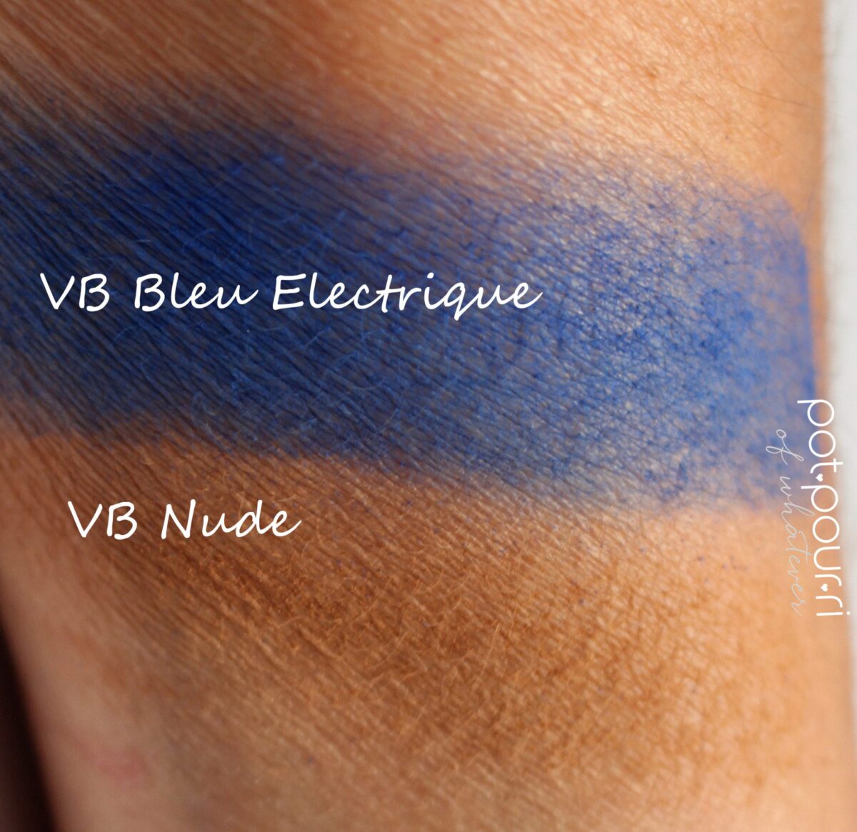 swatches of the bright blue and camel shades