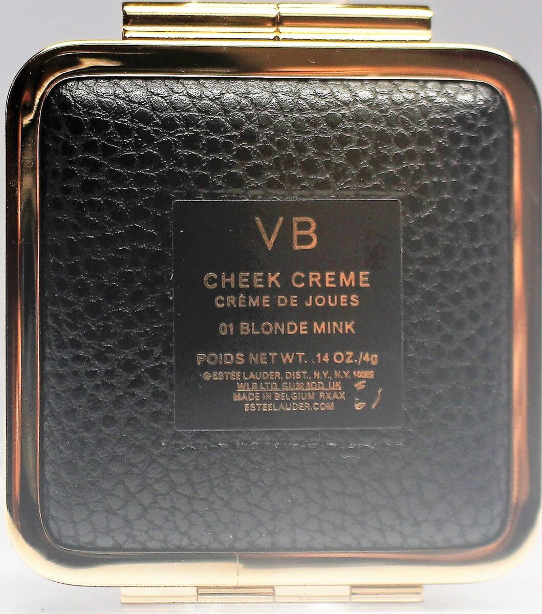 the back of the compact has the initials VB and the color of the creme blush - blonde mink