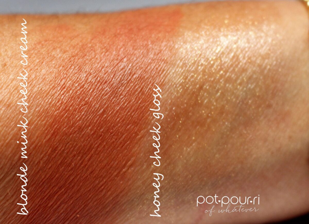 the perfect nude shade and a gold pearl shimmer gloss swatched