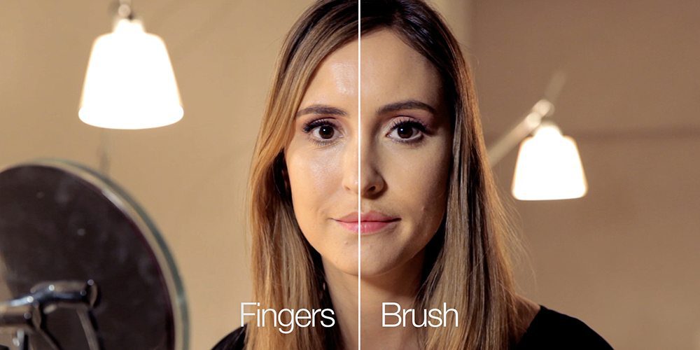 foundation application with fingers on eft, and with brush on the right