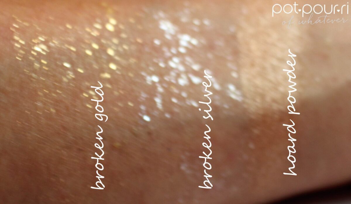 swatches of gold, silver and powdered gold