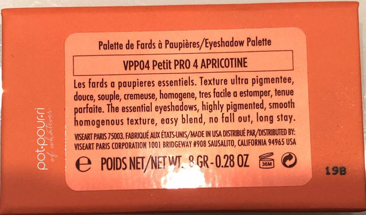 THE BACK OF THE APRICOTINE PALETTE