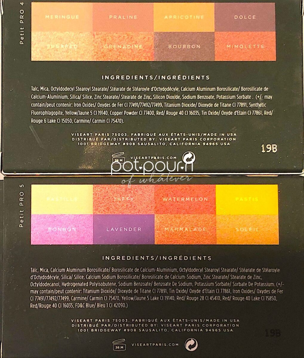 THE INGREDIENTS FOR THE VISEART PETIT PRO PALETTES APRICOTINE AND SOLEIL
